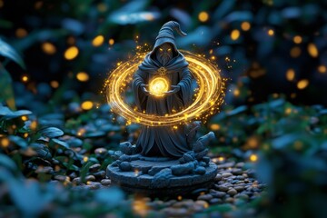 Poster - Statue of a wizard casting a spell, with magical energy swirling around the stone figure, set in the middle of a mystical forest filled with enchanted creatures