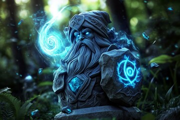 Poster - Statue of a wizard casting a spell, with magical energy swirling around the stone figure, set in the middle of a mystical forest filled with enchanted creatures