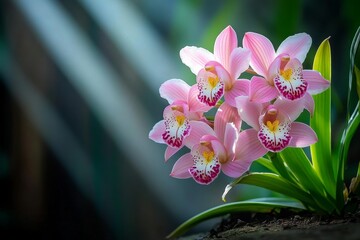 Poster - Tender pink orchids growing along a quiet forest path, their delicate petals glowing softly in the filtered light that shines through the canopy above