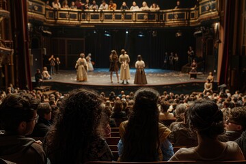 Poster - The audience watches intently as actors dressed in period costumes engage in a lively performance on stage in an ornate theater. Generative AI