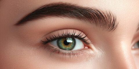 A detailed close-up shot of a vibrant green eye and a perfectly groomed eyebrow highlights beauty, precision, and the art of makeup in modern photography.