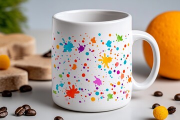 Poster - Watercolor depiction of a custom coffee mug, with playful splashes of color representing the customerâ€™s personalized design, adding a light, creative feel to the product