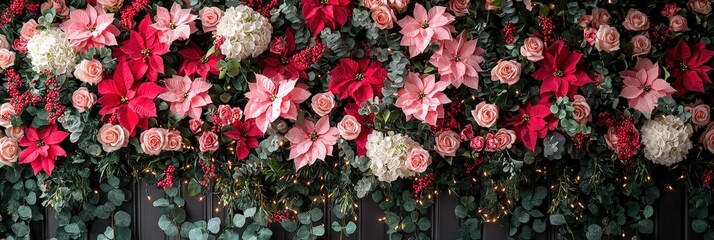 Poster - A beautiful arrangement of red and pink poinsettias, delicate roses, and lush greenery fills a backdrop, enhancing the festive atmosphere for a holiday gathering