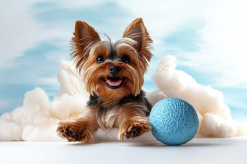 Aufkleber - Whimsical watercolor of a Yorkie playing with a ball, with light brushstrokes showing the dogâ€™s energy and playful nature, blending soft colors for a dreamy effect