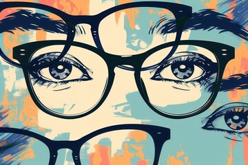 Poster - The composition features stylish eyeglasses prominently displayed against a backdrop of artistic eye designs, creating a trendy visual appeal. Generative AI