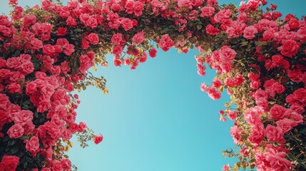 Aufkleber - A stunning archway adorned with pink roses opens up to a bright blue sky, creating a picturesque view in a tranquil garden. The vibrant colors evoke a sense of peace