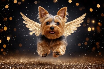 Poster - Yorkshire Terrier with angel wings, flying through a dreamy, star-filled sky, its coat shimmering with celestial light, creating a heavenly and fantasy-inspired scene