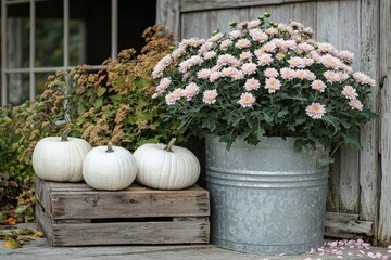 A rustic setup features a galvanized pot overflowing with pink flowers alongside three white pumpkins placed on a wooden crate near a weathered barn backdrop