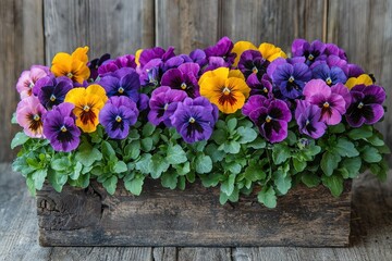 Poster - Purple, yellow, and orange pansies bloom abundantly in a wooden planter, bringing color and charm to the rustic setting with a weathered background