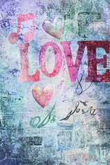 Aufkleber - A vibrant artwork featuring the word LOVE prominently, accompanied by musical notes and hearts, set against a textured, colorful backdrop that enhances its appeal