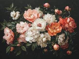 Poster - A breathtaking display of peonies in shades of pink, white, and orange fills the frame, surrounded by lush green leaves on a dark background, highlighting their delicate petals
