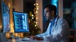 © Fleuronica - A physician is focused on reviewing electronic health records and patient data on dual computer screens late at night in a cozy office environment