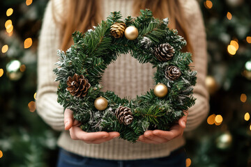 Christmas Decoration Evergreen Wreath in woman hands. Festive Christmas wreath of fresh natural spruce branches. New Year. Traditional decoration for Xmas holiday