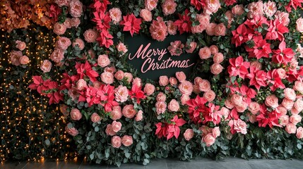 Leinwandbilder - A vibrant wall featuring lush pink roses and poinsettias with a Merry Christmas message enhances the holiday atmosphere beautifully