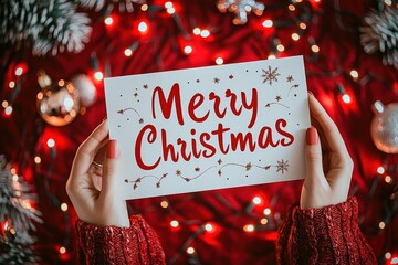Poster - A person wearing a cozy sweater holds a cheerful card that reads Merry Christmas, surrounded by sparkling lights and festive ornaments