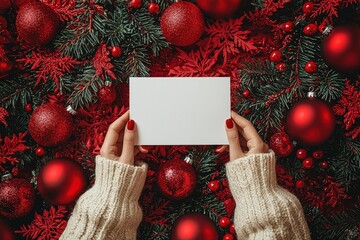 Poster - Hands are gently holding a blank card amidst vibrant red ornaments and lush greenery, creating a warm and festive atmosphere perfect for the holidays