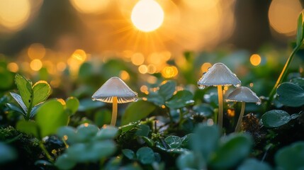 Aufkleber - Glowing Mushrooms Under Golden Sunrise Light