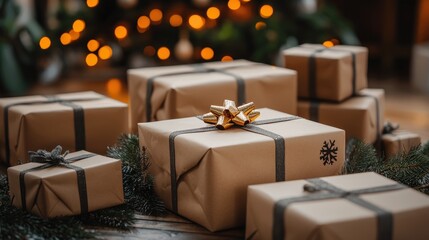 Poster - A collection of creatively wrapped gifts with gold accents sits on a wooden surface, surrounded by greenery, creating a warm holiday ambiance