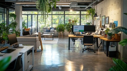 Modern office space with large windows, wooden desks, comfortable seating, and plants.