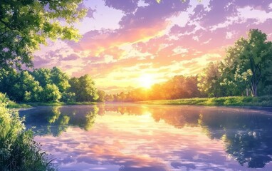 Wall Mural - A serene river landscape at sunset, reflecting vibrant colors in the water.