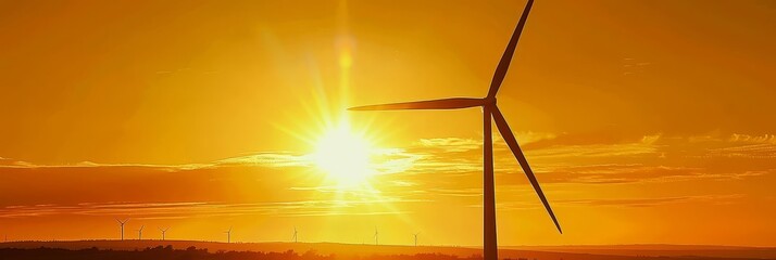 Silhouette of a wind turbine against a bright sunset sky.