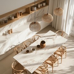 Fototapete - A spacious dining area featuring a long marble table surrounded by wooden chairs and elegant pendant lights, illuminated by natural light