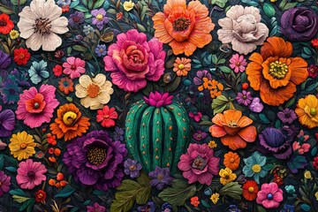 Aufkleber - A stunning display of colorful flowers and a cactus, intricately designed in a textured artwork that showcases the beauty of nature in vibrant detail