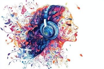 Aufkleber - A colorful artistic representation of a woman wearing headphones, with floral and abstract elements blending into her silhouette in a captivating design