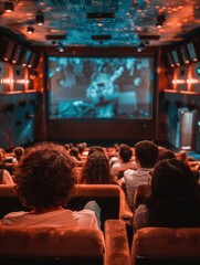 Audience members relax in comfortable seats, captivated by the film playing on the large screen in a warm and inviting theater. Generative AI