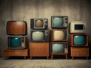 Creative arrangement of vintage television collection in retro nostalgic style
