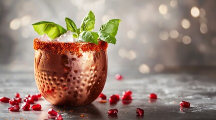 A Sangrita cocktail in a copper cup with a spicy rim, decorated with pomegranate seeds and fresh basil, against a minimalist metallic silver background