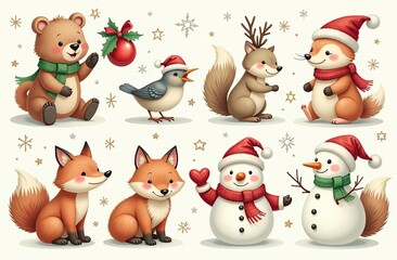 Christmas collection with cute animals: bear, fox, squirrel, bird, Santa Claus, Snowman and christmas decorative elements