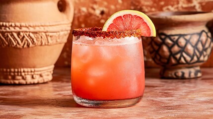 A Sangrita cocktail with a tangy chili-lime rim, topped with a grapefruit wedge, set against a warm terracotta background with decorative clay pots