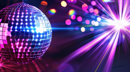 Wall Mural - Disco ball reflecting neon lights creates vibrant party atmosphere, background