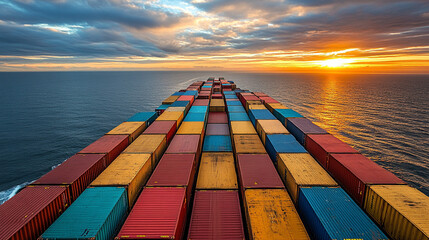 cargo ship glides across the vast, open sea, symbolizing global trade, connectivity, and the journey of goods. Its silhouette against the horizon evokes a sense of adventure and exploration