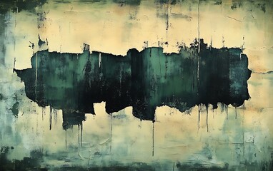 Aufkleber - An abstract painting featuring dark green shapes against an aged, textured background, evoking a sense of depth and emotional resonance.