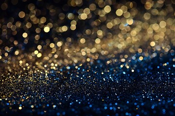 Abstract golden and blue glitter sparkle background with bokeh lights