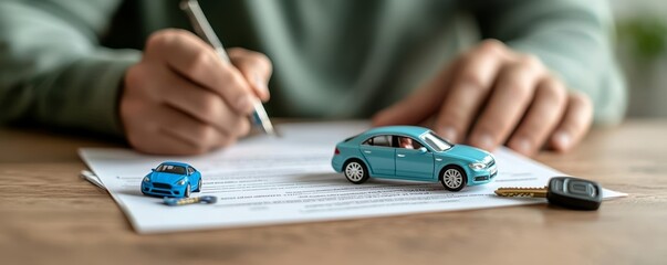 Close-up of man signing a car insurance contract with a blue toy car model on documents, car keys on table, vehicle purchase or warranty, professional setting, blurred background