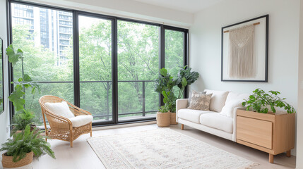 Boho-style tiny living room in a modern condo, rattan armchair, vintage rug, plants