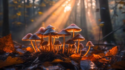Poster - Enchanted Mushrooms in Sunlit Forest Clearing