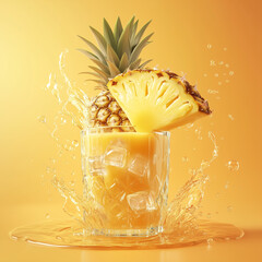 A glass of pineapple juice with ice cubes, splashes and bubbles around the drink, juicy yellow pineapple on top, light background, illustration of tasty and healthy food.