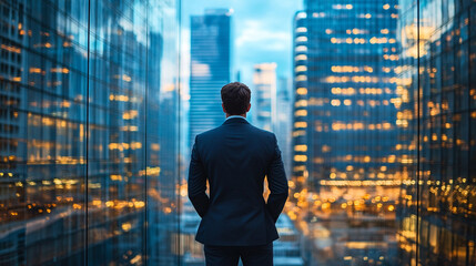 businessman in a suit stands confidently in a modern office, symbolizing professionalism, ambition, and the pursuit of success in a competitive corporate environment