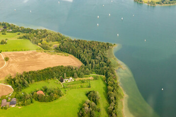 Chiemsee lake in Bavaria in Germany seen from a small plane