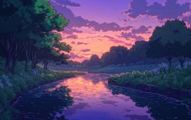 Wall Mural - A serene river scene at sunset, reflecting vibrant colors and surrounded by lush greenery.