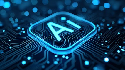 Fototapete - Futuristic neon AI chip with thin circuit lines on abstract tech background semiconductor onboard