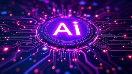Fototapete - Futuristic neon AI chip with thin circuit lines on abstract tech background semiconductor onboard