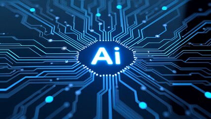 Fototapete - Futuristic neon AI chip with thin circuit lines on abstract tech background semiconductor onboard