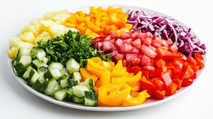 Colorful salad ingredients arranged on stark white plate