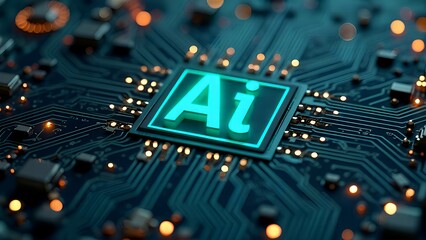 Fototapete - Glowing neon AI chip with thin circuit lines futuristic tech and semiconductor technology