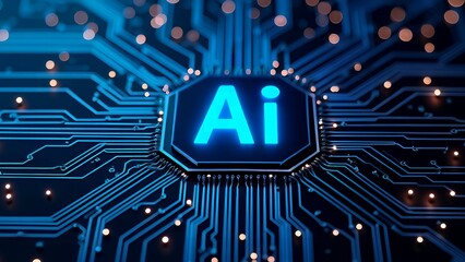 Fototapete - Glowing neon AI chip with thin circuit lines futuristic tech and semiconductor technology